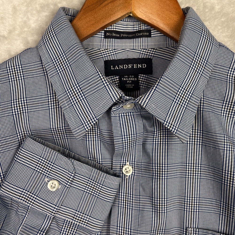Lands' End Men's No Iron Pinpoint Oxford 16 - 32 Supima Tailored Fit Blue Plaid